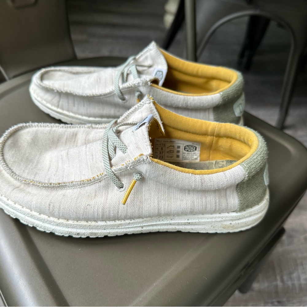 Hey Dude White and Yellow Loafers